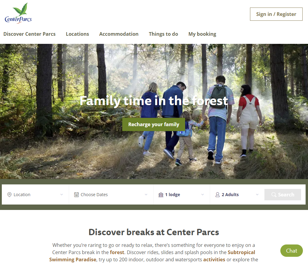 Screenshot of the Centre Parcs website