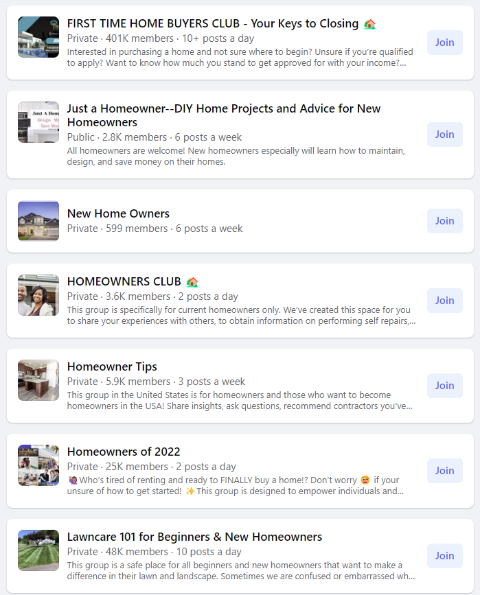 Screenshot of Facebook groups aimed at new homeowners