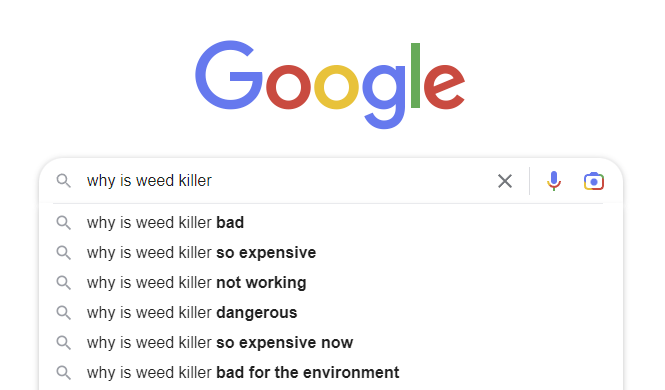 Screenshot of the Google autofill for the question "why is weed killer". The auto filled answers are mostly negative
