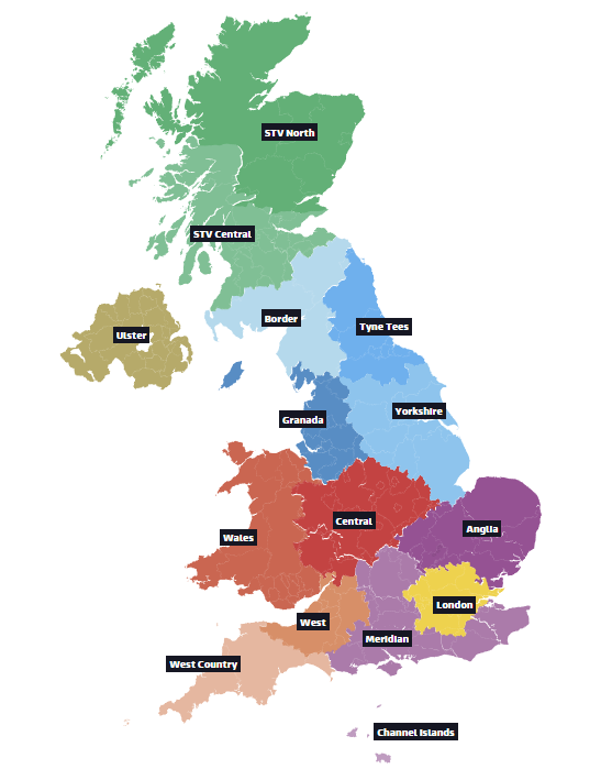 A map of the UK split into the regions where ITV can run targeted advertising
