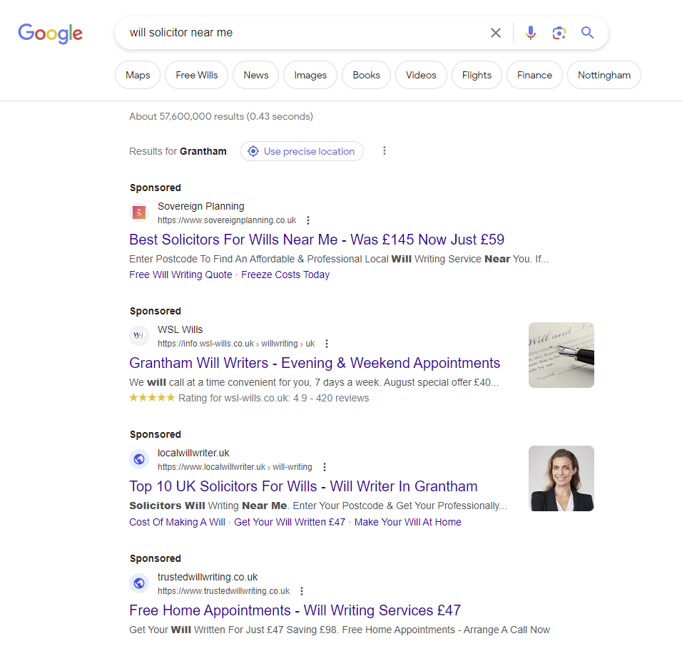 Screenshot of ads on Google