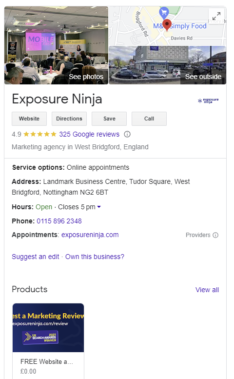 Screenshot of Exposure Ninja's google business profile