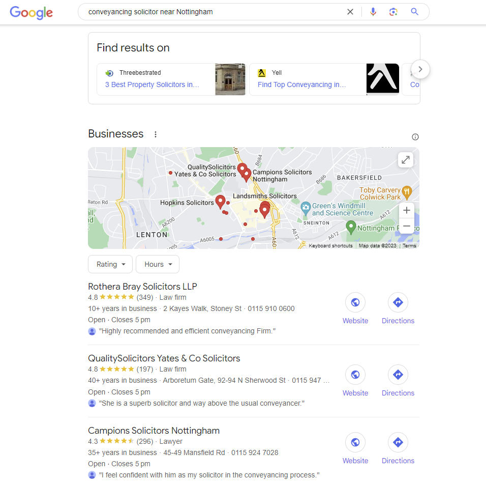 Screenshot of Google Map results