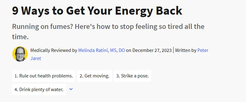 Screenshot of WebMB blog post on 9 Ways to Get Your Energy Back, including Medically Reviewed by and Author