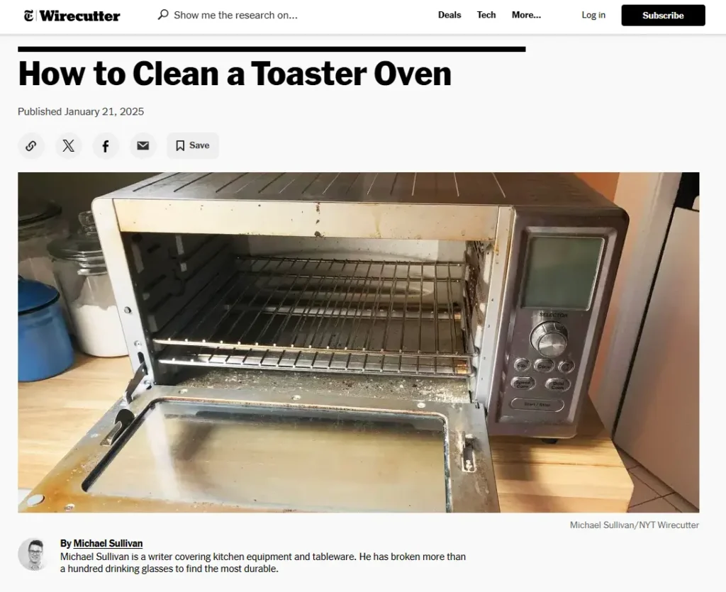 Screenshot of How to Clean a Toaster Oven blog post by Wirecutter, with publish date, author bio, and a original photo of a silver toaster oven