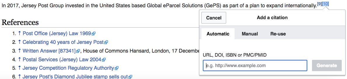 snippet of adding references Wikipedia backlinks