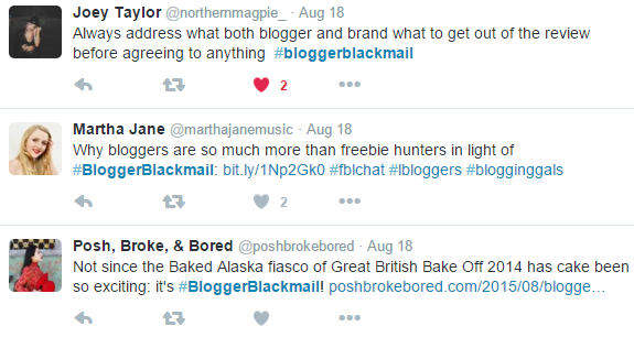 #bloggerblackmail tweets screenshots Screenshot of responses to #bloggerblackmail tweets