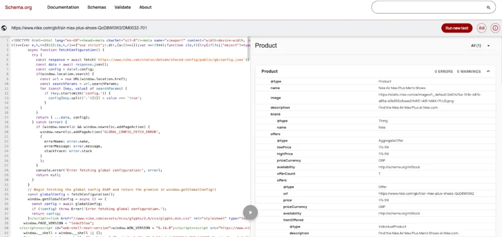 Nike's Air Max Plus product schema with zero errors and warnings in the Schema Markup Validator.