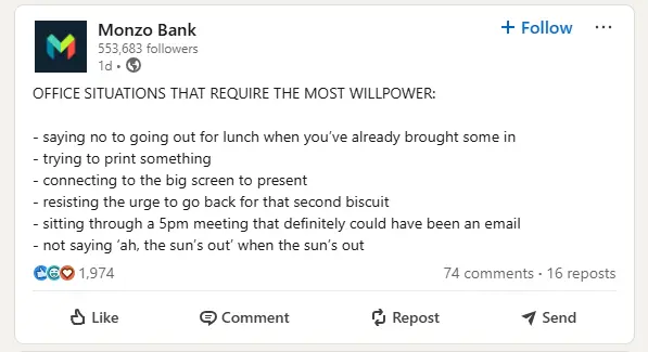 Screenshot of Monzo Bank's LinkedIn Post, which includes a list of Office Situations That Require The Most Willpower, such as saying no to going out for lunch when you've already brought some in
