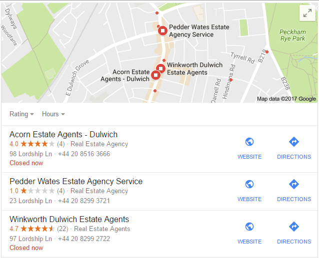 screenshot of local estate agents in Google screenshot of local estate agents in Google