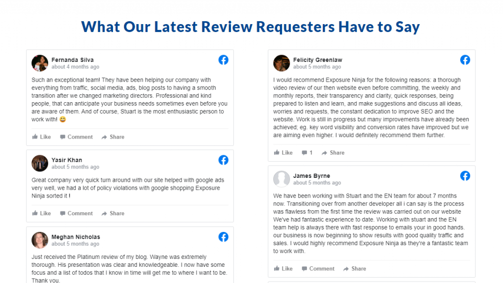 Screenshot of our free marketing review testimonials.