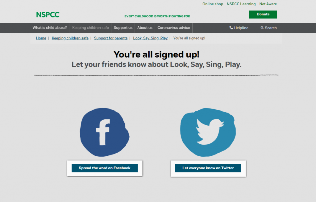 Screenshot of a word-of-mouth social sharing button on the NSPCC website