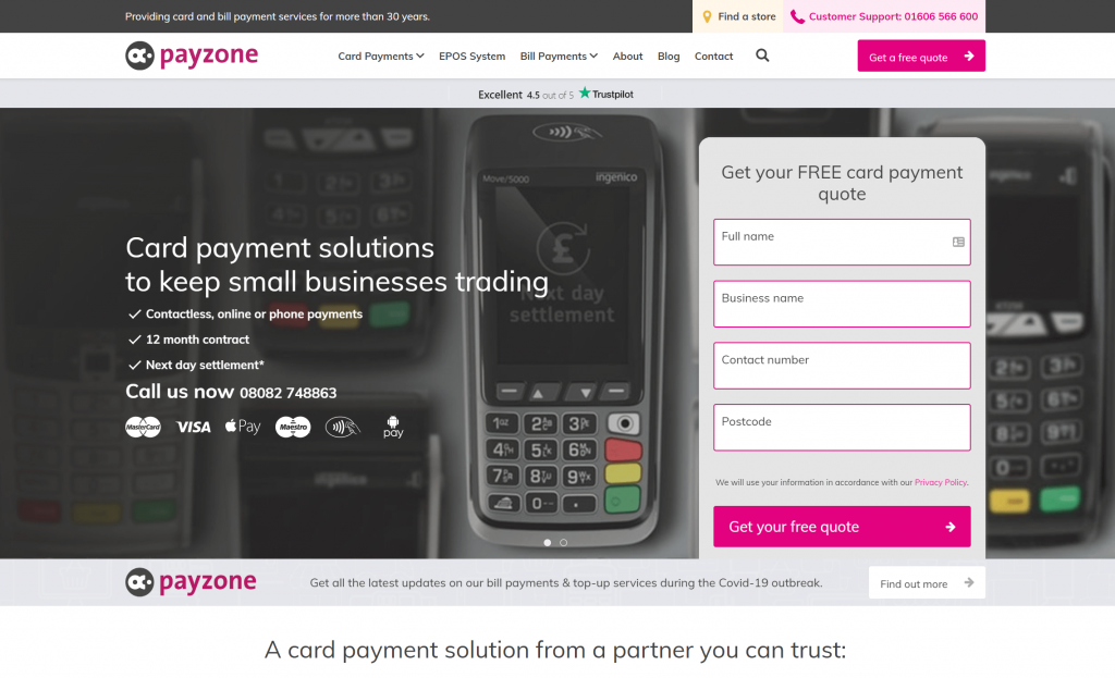 Example of a simple form above the fold on the Payzone website