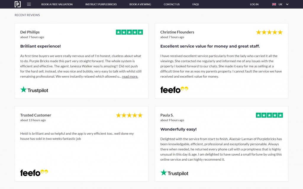 Screenshot of Purple Bricks' testimonials