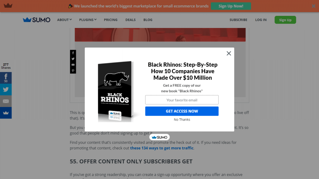 Example of a pop-up on the sumo.com website