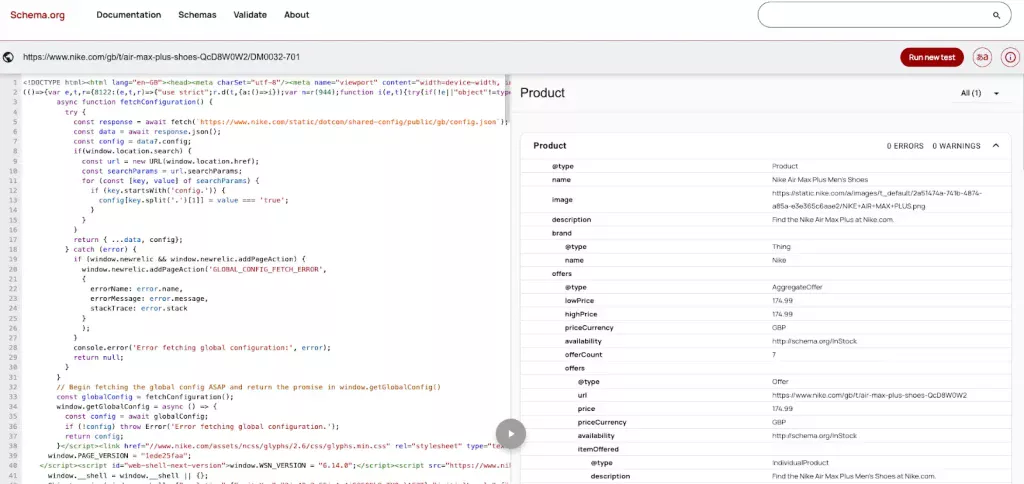 Nike's Air Max Plus product schema with zero errors and warnings in the Schema Markup Validator.