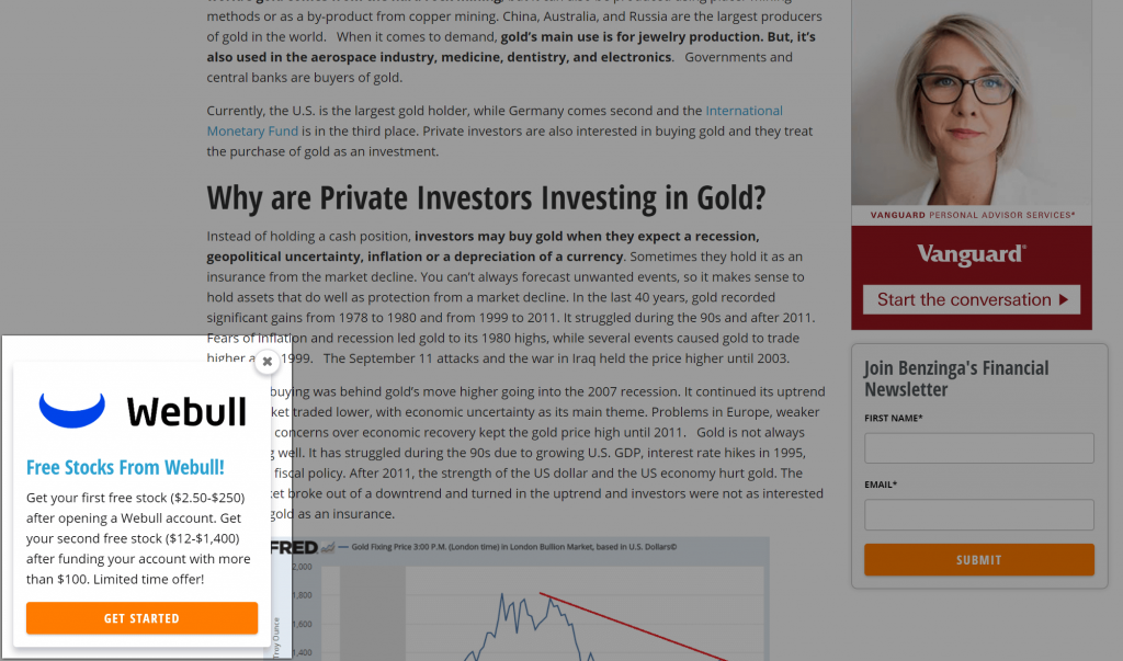Screenshot of a slide-in pop-up on benzinga.com
