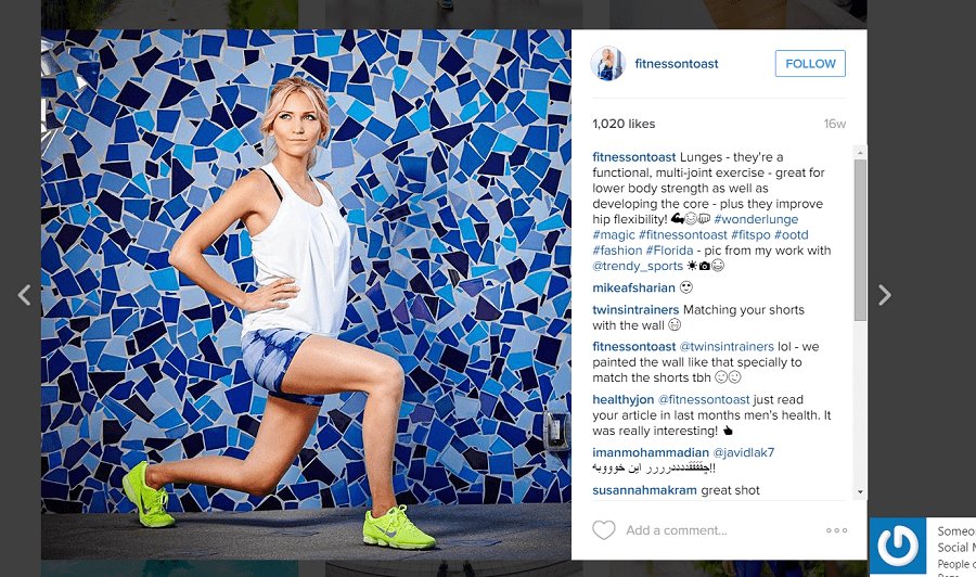 Female wearing jogging clothes in a squat postion with extra emphasis on the trainers she is wearing - a form of advertising