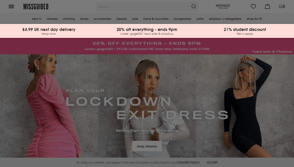 Screenshot of Missguided's Unique Selling Points bar
