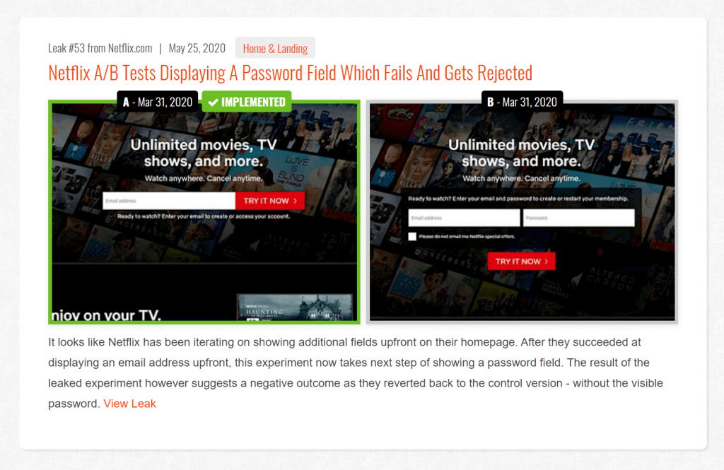 Screenshot showing an A/B test discovered on netflix.com