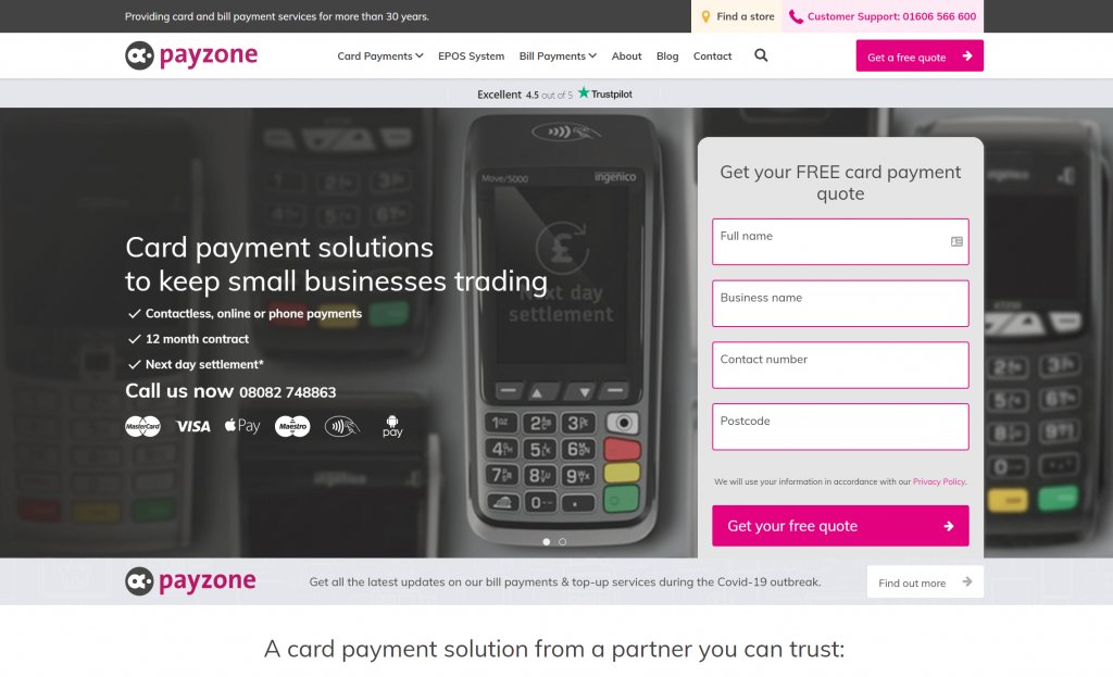 Example of a simple form above the fold on the Payzone website