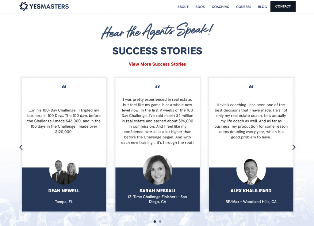 Screenshot of the Yesmasters' testimonials