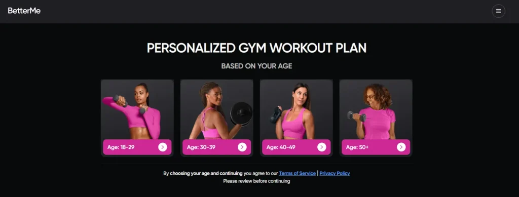 Screenshot of BetterMe's Google Ad landing page, featuring personalised gym workout plan and four age ranges to choose from with atheletic women dressed in purple