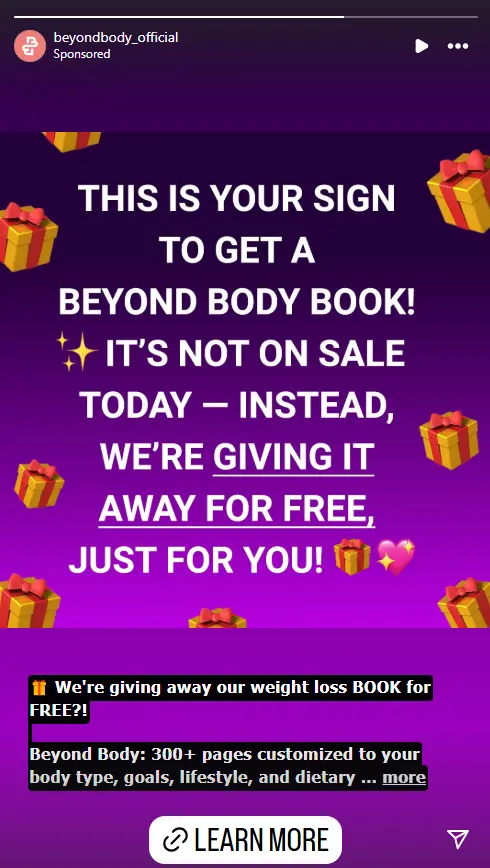 Screenshot of BeyondBody's Instagram story ad, featuring text, present emojis, and purple backdrop, with a clickable link