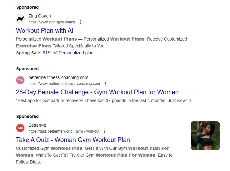 Screenshot of sponsored Google Ads on Google search engine results page, looking at Zing Coach, BetterMe Fitness, and BetterMe, which includes an image of an athletic woman