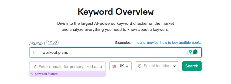 Screenshot of Semrush's Keyword Overview, looking at workout plans keyword in UK region