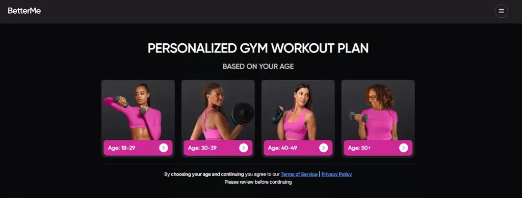 Screenshot of BetterMe's Google Ad landing page, featuring personalised gym workout plan and four age ranges to choose from with atheletic women dressed in purple