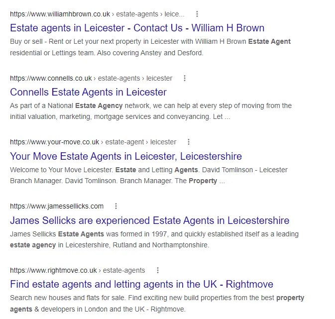 Screenshot of Google search engine results page for keyword "estate agent" showing the different meta titles and meta descriptions, such as Connells Estate Agents in Leicester