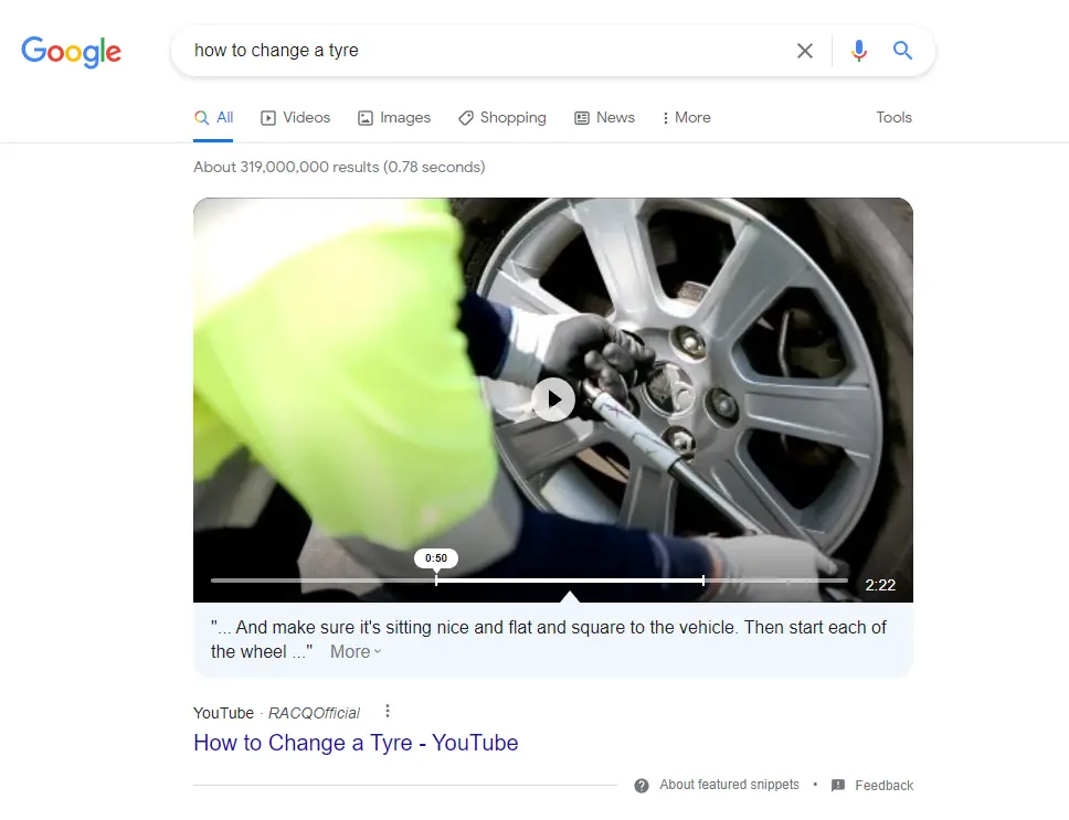 Video Featured Snippet for keyword "how to change a tyre" showing a YouTube video explaining how to change a tyre