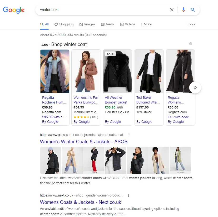 Screenshot of Google search engine results page for winter coat showing Google Shopping Ads with images of coats