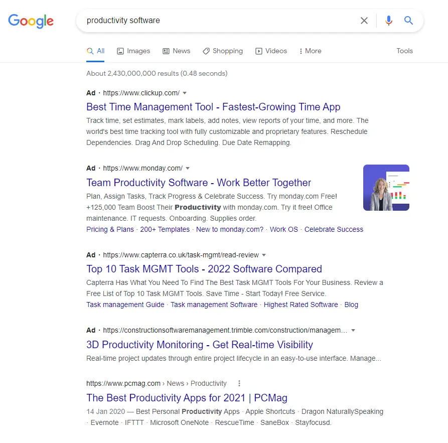 Screenshot of productivity software on Google search engine results page showing four different text ads 