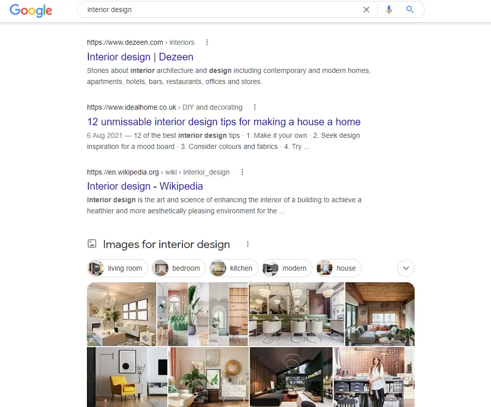 Google search engine results page for keyword interior design, showing blogs and images 