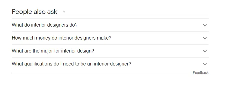 Screenshot of People Also Ask box for interior design keyword, showing additional related questions like what do interior designers do? 