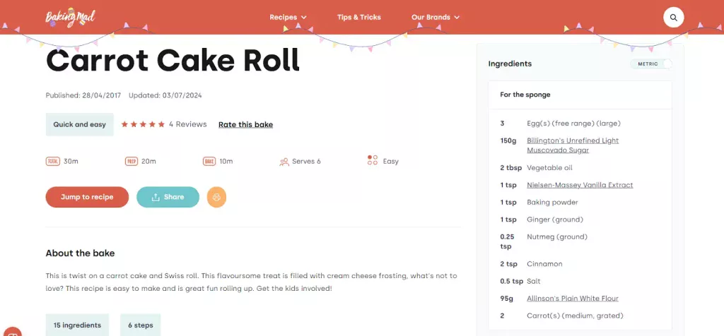 Screenshot of Baking Mad's Carrot Cake Roll recipe