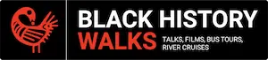 Black History Walks logo featuring a red Sankofa bird icon beside the text "Black History Walks: Talks, Films, Bus Tours, River Cruises" on a black background
