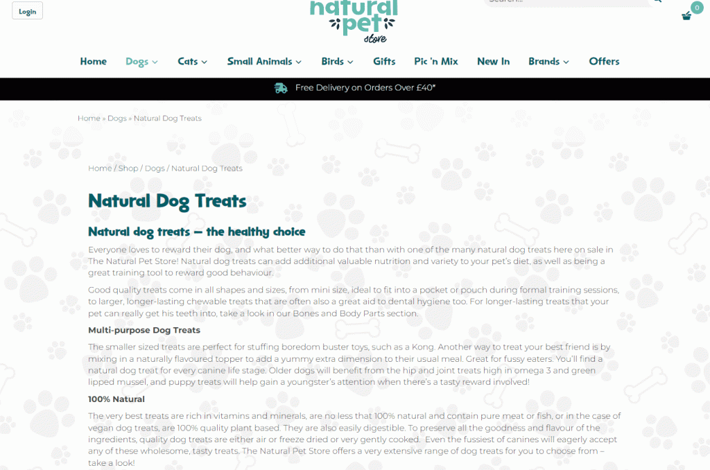 The “Natural Dog Treats” page is ranking top for the search "natural dog treats"