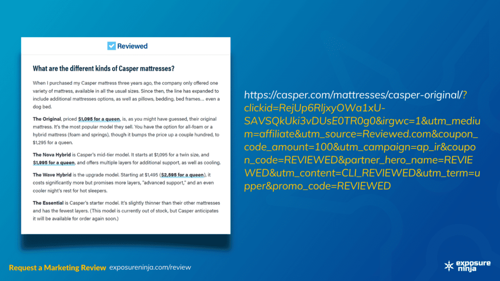 Screenshot of a blog post and example UTM tracking code.