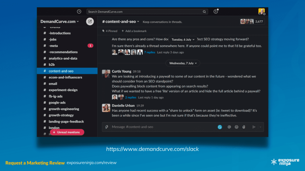 Screenshot of the Demand Curve Slack community.
