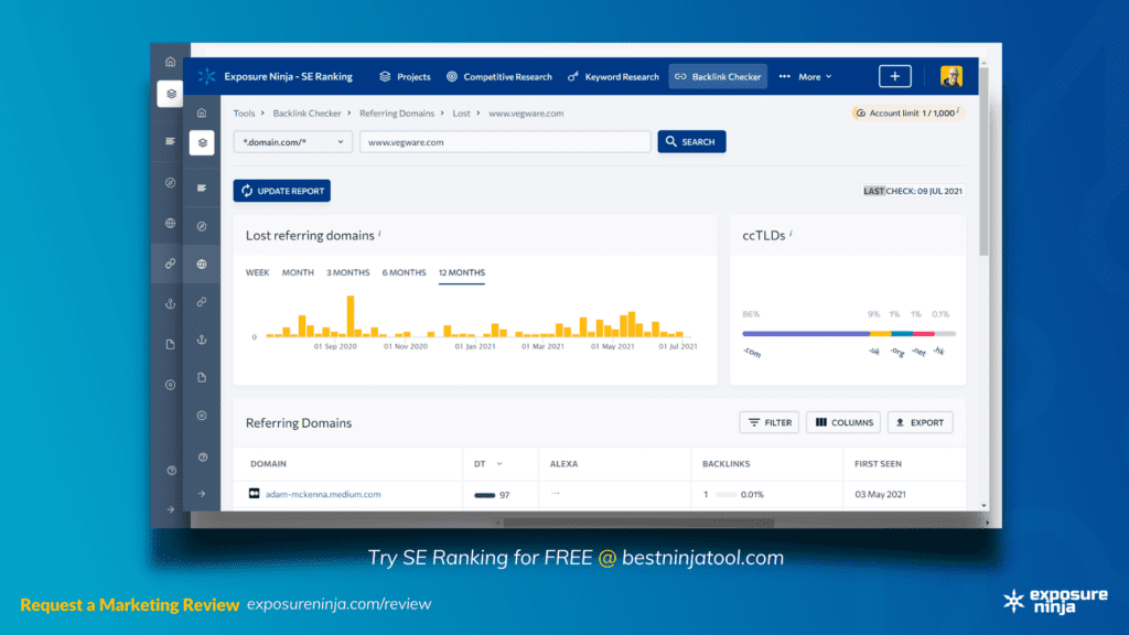 Screenshot of the Lost Referring Domains report in SE Ranking.