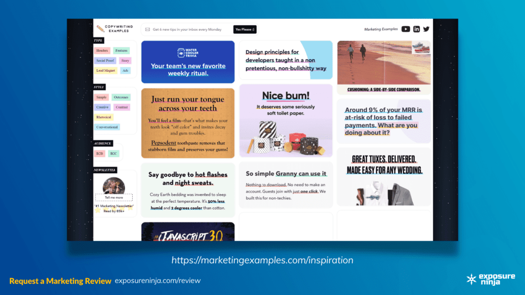 Screenshot of the Copywriting Examples website.