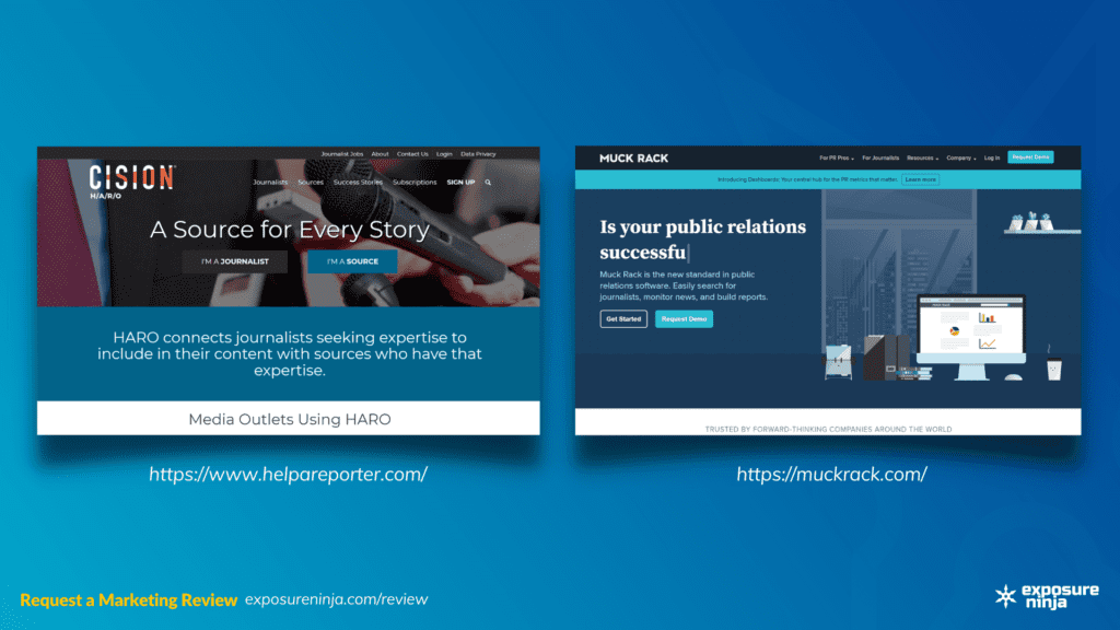 Screenshots of the HARO and Muck Rack websites.