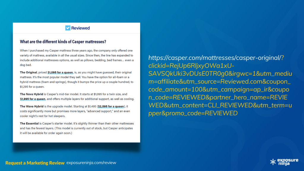 Screenshot of a blog post and example UTM tracking code.