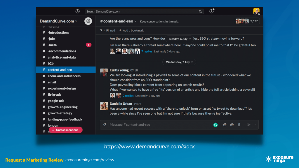 Screenshot of the Demand Curve Slack community.
