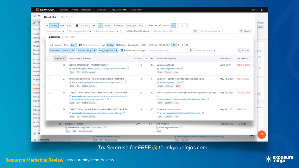 Another screenshot of Semrush's backlink too with more filtering.