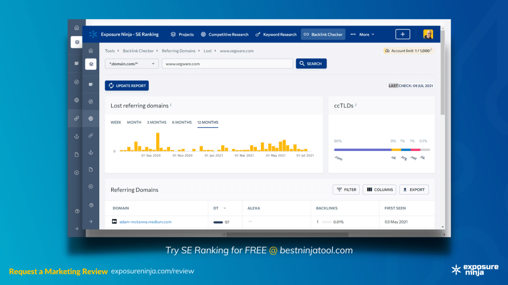 Screenshot of the Lost Referring Domains report in SE Ranking.