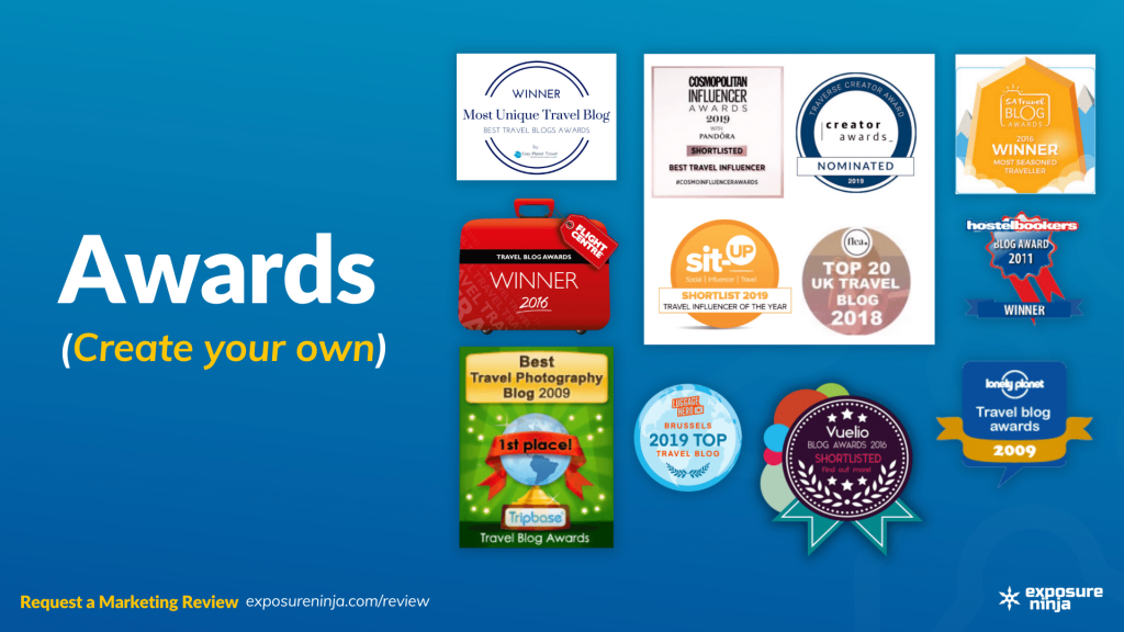 Image with the text, "Awards: Create your own" and examples of branded awards.